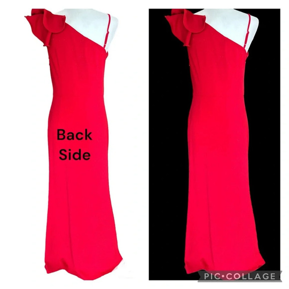 Ruffle One Shoulder Strap Formal Prom Wedding Red Large Red Gown BNWT - Picture 3 of 9